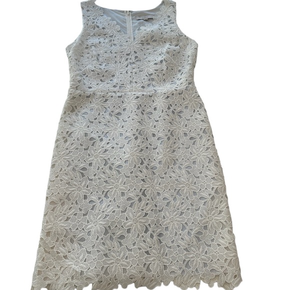 RELISTED LOFT White Lace Dress with Pale Blue Underlay NWT Women’s Size 8 Petite - Picture 6 of 12